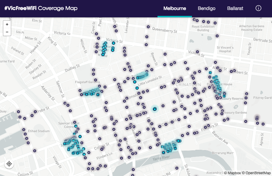 The Melbourne CBD's access points. Blue is active, while purple indicates a future access point. Source: https://www.vic.gov.au/wifi/find.html