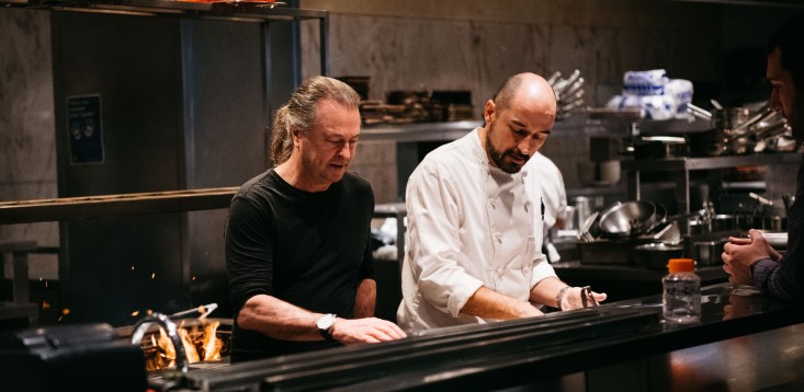 Chefs Neil Perry and Corey Costelloe in the kitchen, cooking up the Vow Food feast.