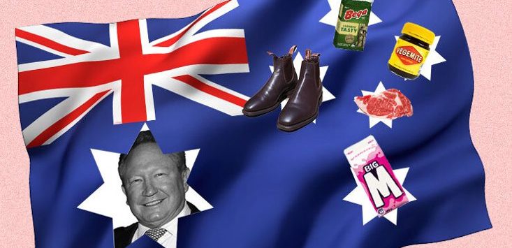 Andrew 'Twiggy' Forrest on Australian flag with vegemite, RM Williams boots, Big M beverage and Bega Cheese