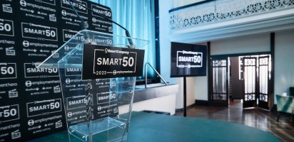 Smart50 lectern and media wall at Smart50 event